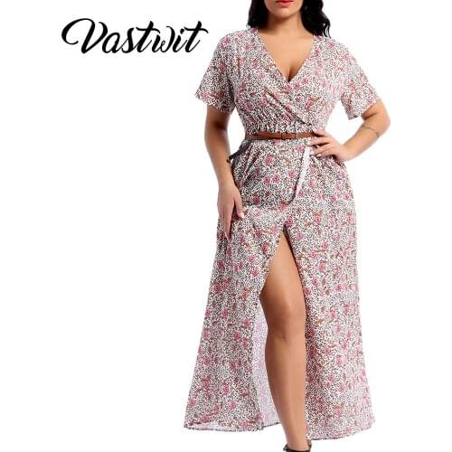 Womens Summer Short Sleeve Floral Print Bohemian Beach Long Dress with Slit