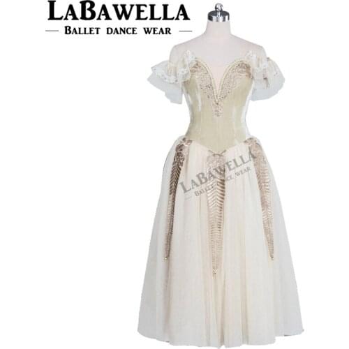 Woman Performance Dress Adult Professional Ballet Long Tutu Dress Beige Soft Tulle Classical Lyrical Ballet Stage Costume BT9048