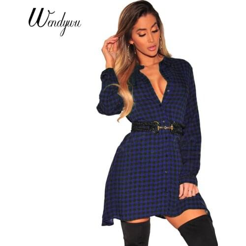 Wendywu New Fashion Women Casual Turn-down Collar Long Sleeve Blue Plaid A-Line Mini Dress