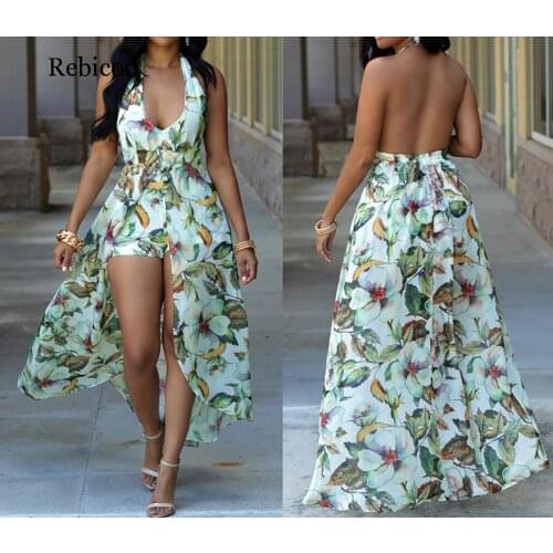 Long Flower Retro Bohemian Maxi Dress + Shorts Women Chiffon Printed Sexy Ethnic Deep V-neck Floral Beach Dress Boho Hippie Robe