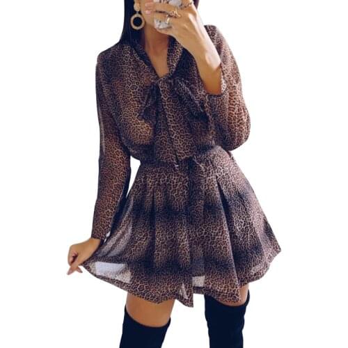 2021 Leopard Print Chiffon Dress For Women Bowknot Long Sleeve High Waist Office Ladies Casual Fashion Mini Dresses