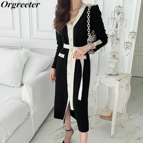Korean Elegant Ladies Work wear V-neck Border Contrast color Single-breasted Sashes Cardigan Knitted Dresses Women Fall Winter