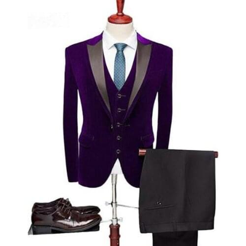 2019 Fashion Groomsmen Groom Tuxedos Peaked Lapel Purple Velvet Male Jacket Wedding Prom Party Suits Best Man Blazer Masculino