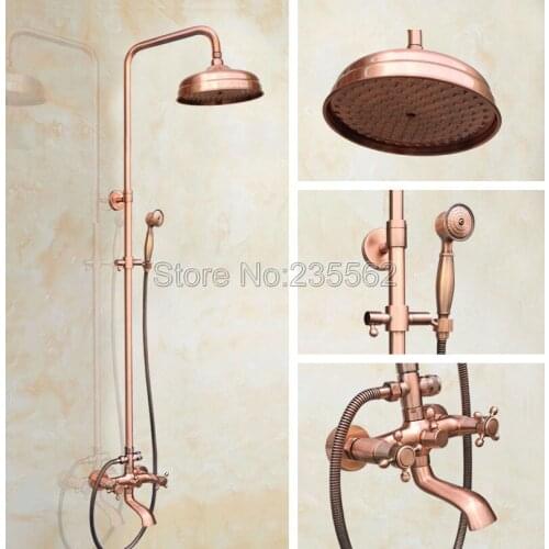 Antique Red Copper 8 inch Rain Shower Head Bathroom Rainfall Shower Faucet Set with Clawfoot Bathtub Mixer Tap Wall Mount lrg511