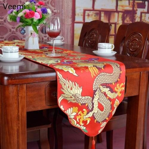 New Chinese Style Dragon Cloud Embroidery Table Runner Classical Yellow Table Flag Decoration for Wedding Party with Tassels