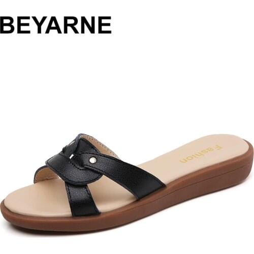 BEYARNE Summer Sandals Women Slippers Slip On Flat Slides Sandals Women Leather Slides Ladies Slippers Flip Flops Large Size