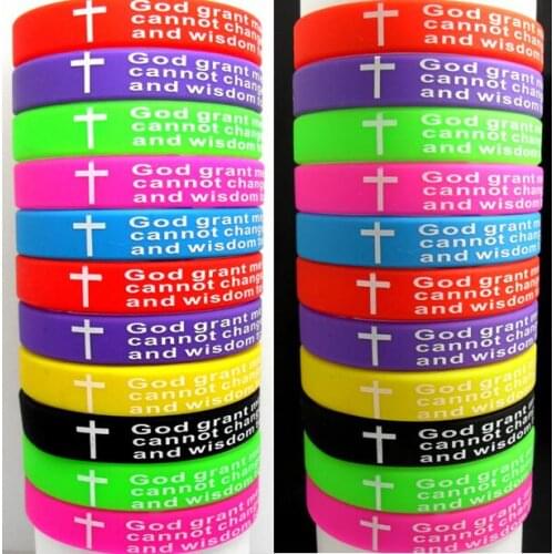 100pcs COLOR MIX 12mm Serenity Prayer Bible Silicone Bracelets Men Women Wristbands Wholesale JESUS religious Jewelry Xmas Gift