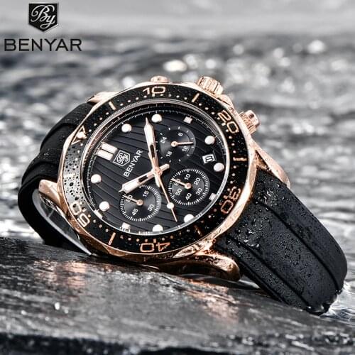 BENYAR Quartz Mens Watches Multifunction Military Chronograph Top Luxury Brand Sports Men Wristwatch Gold Case Fashion Watch