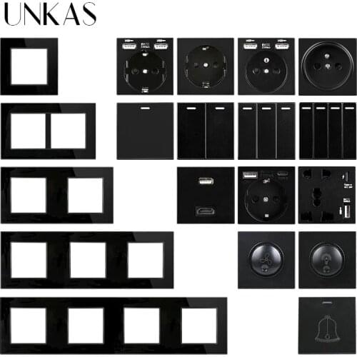 UNKAS Black Glass Panel DIY Free Combination Type C French EU Socket Dual USB 1 2 3 4 Gang 1/2 Way On / Off Push Button Switch