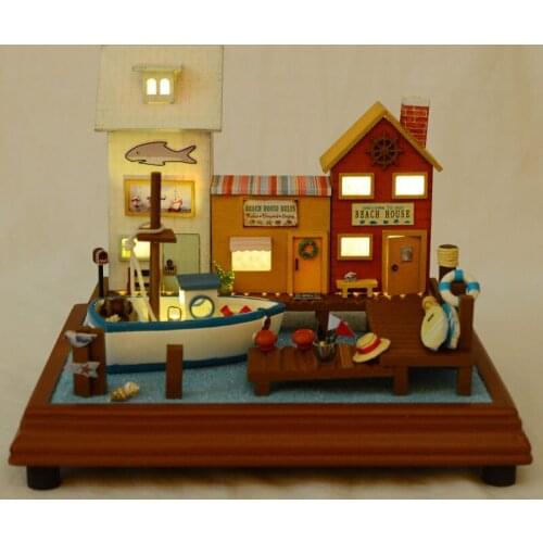 Beach House Childlike Little Funny Town DIY Wooden Doll house Handmade Creative Craft Dollhouse Assembly Miniatures Decoration
