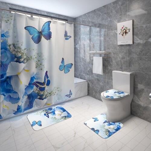 Flannel Bathroom Rug Set Bath Mat and Shower Curtain Set Toilet Bathroom Shower Mats None Slip Floral Floor Mat for Bathroom