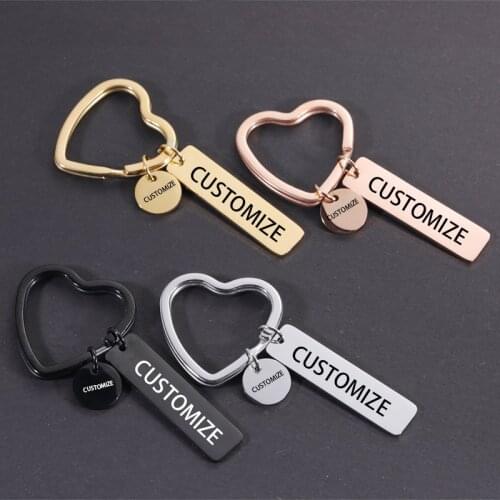 Fnixtar 20Pcs/Lot Custom Personality Laser Name Logo Text Stainless Steel Heart Keychain For Womens Car Jewelry Fashion Gifts