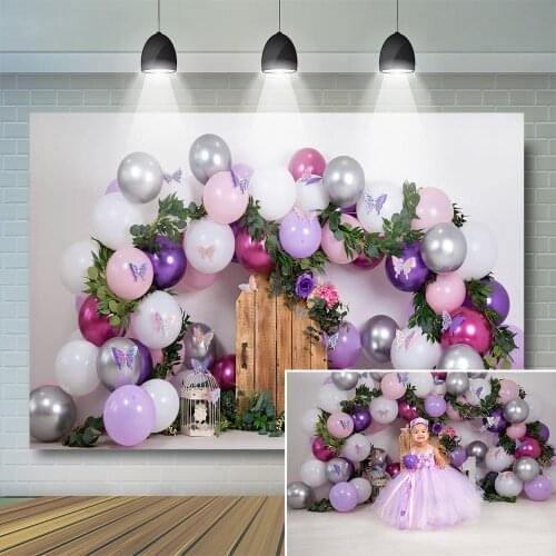 Purple Balloon Shop Portrait Photography Backdrop Kids Cake Smash Spring Wood Door Decoration Baby Background Child Photostudio