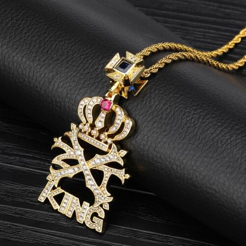 Hip Hop Jewelry Fashion Necklaces Iced Out AAA CZ Stone Crown Letter KING Pendant Necklace Micro Paved Gold Bling Charm Chains