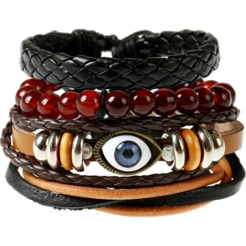 Men Fashion Evil Eye Beads Charms Bracelets Multilayer Braided Rope Chain Leather Wristbands Vintage Beaded Wrap Bangles Jewelry