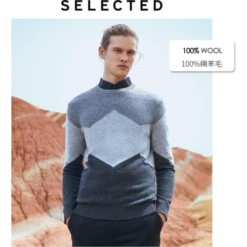 SELECTED Men Winter 100% Wool Geometrical Long-sleeved Knit Sweater S|419425519