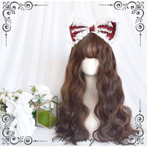 Natural Brown Lolita Wig Harajuku Hair Long Wavy Curly Sweet Bangs Fairy Cosplay Adult Girls Casual Wear