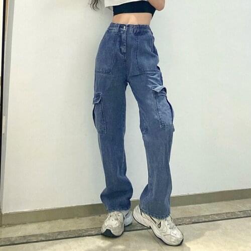 2021 Newest Loose Straight Cargo Jeans Women Ladies Trendy Chic Stitching High Waist Fitting Casual Denim Trousers with Pockets