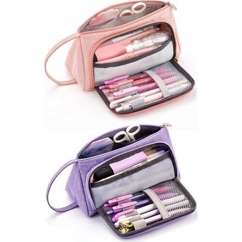 PPYY-2x Colored Linen Storage Pouch Marker Pen Pencil Case Stationery Bag Holder for Middle High School Office Pink & Purple