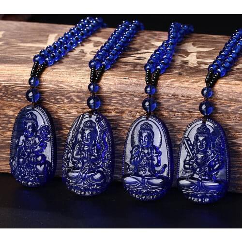 Hand Carved High Quality Unique Natural Blue Crystal Buddha Lucky Amulet Pendant Necklace For Women Men Sweater Pendants Jewelry