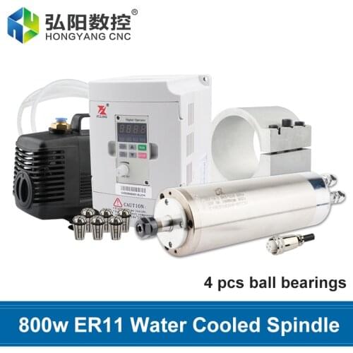 CNC Water-Cooled Spindle 800w 220v ER11 4 Bearing Motors 1.5kw Frequency Converter VFD, With 65mm Clamping Bracket Water Pump