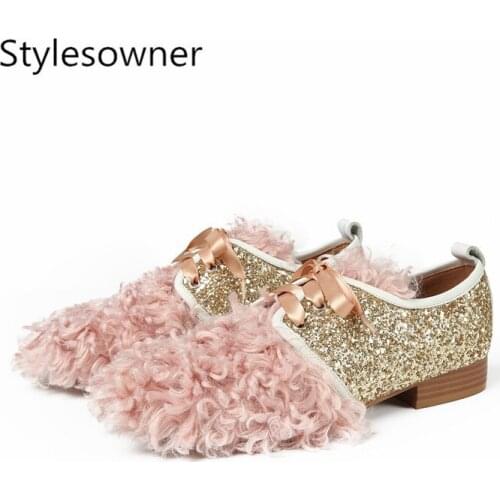 Stylesowner Sweet Design Low Heels Woman Dress Shoes Pumps Lace-up with Fur Shallow Fashion Casual Pumps Shoes All-match Pumps