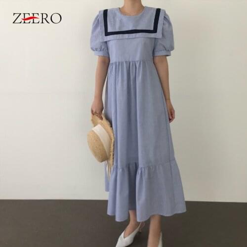 Summer Korean Puff Sleeve Sailor Collar Women Ruffles Maxi Beach Dress Elegant Female Casual White Loose Long Dresses Vestidos