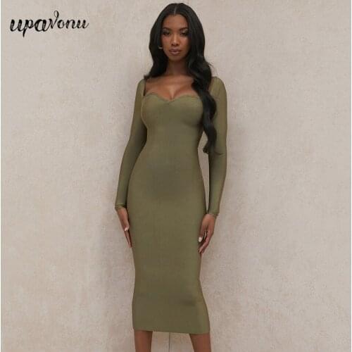 Free Shipping Fashion Army Green Midi Bandage Dress 2021 Autumn New Womens V-neck Long Sleeve Bodycon Elegant Club Party Dress
