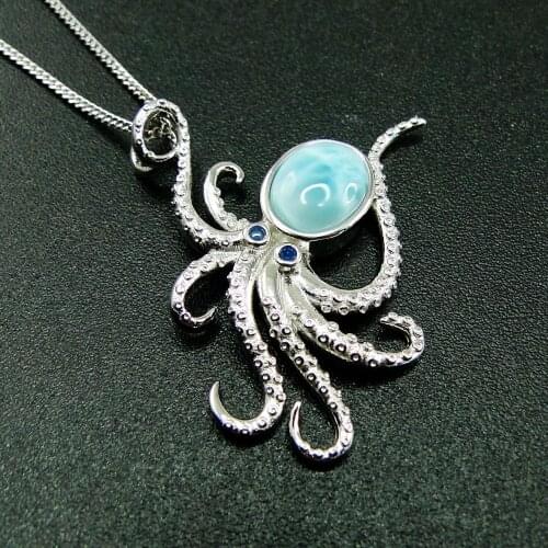 High Quality Real 925 Sterling Silver Octopus Natural Larimar Pendant Neckalce For Women Gift
