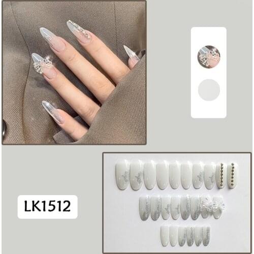 24Pcs 3D Bowknot With Rhinestone Design Nail Art Stickers French Manicure Long Lasting Removable False Nails With Glue Tools