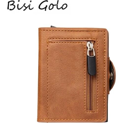 BISI GORO 2020 New Arrival Business Credit Card Holder Button Smart Wallet Coin Zipper RFID Blocking Purse Fashion Black Color
