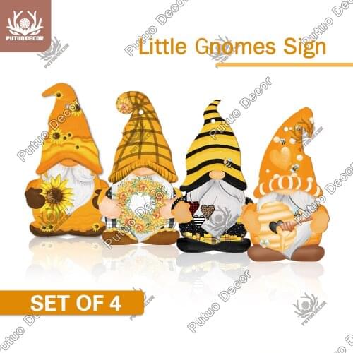 Putuo Decor 4PCS Little Gnome Wood sign Honey Wooden Hanging Plaque Sunflower Lovely Bee Wood Plate Home Living Room Wall Decor