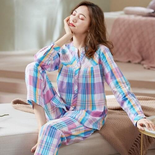 Stand-up Collar Cardigan Home Clothes For Women Print Pajamas for Women Cotton Pijama Mujer Spring Plaid Womens Clothing Autumn