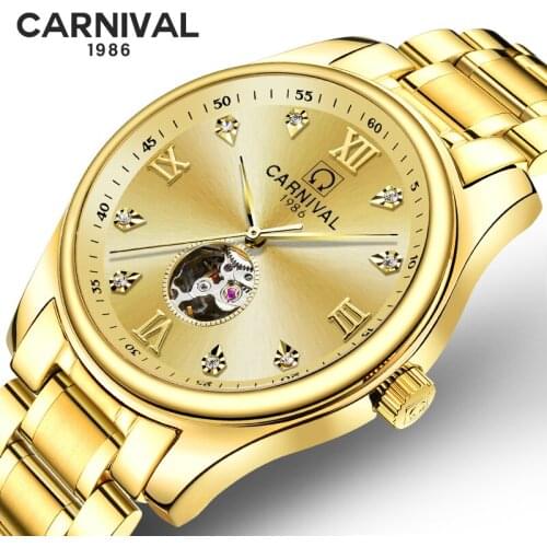 Carnival Men Automatic Watch Gold Plated 25jewels Hollow Luxury Mechanical Watch Gift