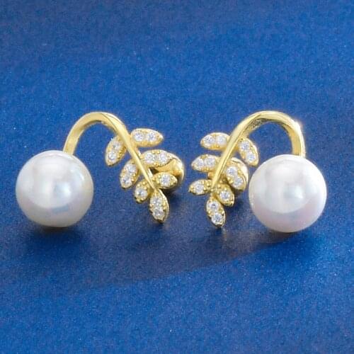 MLKENLY Tree Leaf Pearl Stud Earrings Female Elegant 925 Sterling Silver Original Design Screw Personality Earrings