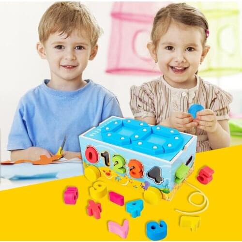 Multi-functional Children Wooden Colorful Trolley Trailer Shape Number Cognitive Cart Blocks Classic Practical Funny Toys