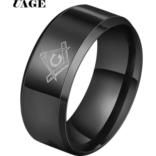 UAGE Vintage Black Stainless Steel Men Ring Big Free Mason Freemasonry Masonic AG Retro Punk Titanium Male Ring Jewelry