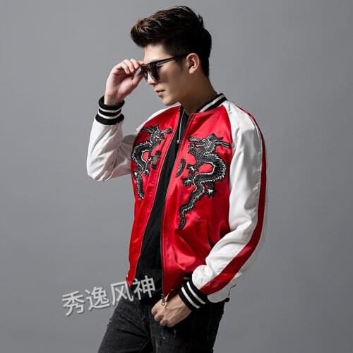 Autumn Mens Clothes Chinese Dragon Ethnic Style Embroidered Jacket Fashion Tide Men Personality Jacket Korean Slim Handsome Coat