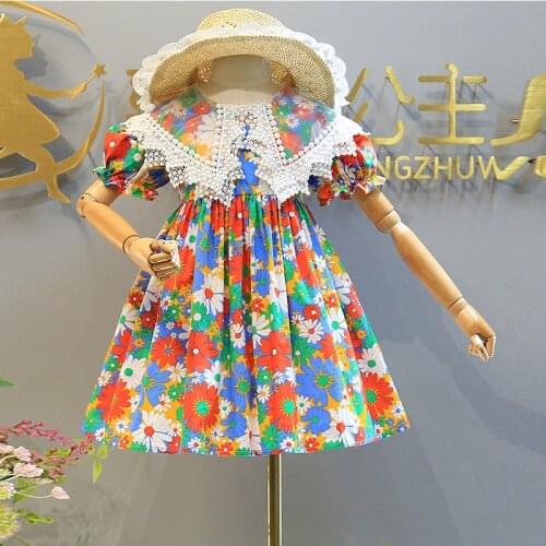 Kids Girl Floral Dress Summer New Baby Short Sleeve Lace Turn Down Collar Backless Princess Dress Children Clothes Sundress