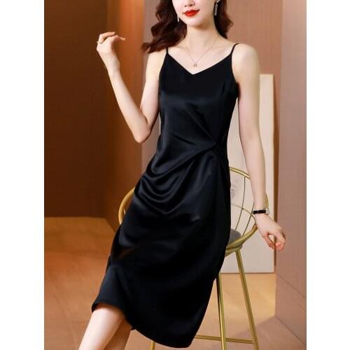 Fashion High Quality Womens V-neck Dress Summer Spaghetti Satin Long Woman Dress Very Soft Smooth 2021 dress women