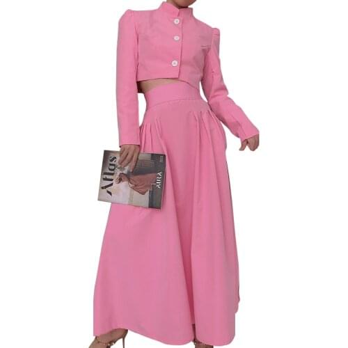 Casual Minimalist Pink Two Piece Set For Women Stand Collar Short Tops Female High Waist Ruched Skirts Elegant Sets Female V902