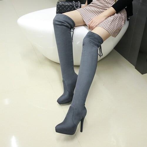 Pointed Toe Stiletto Flock Lace-Up Over-The-Knee Boots Frosted Fleece Winter Warmth Plush Sexy Street Ladies Long Boots Socks