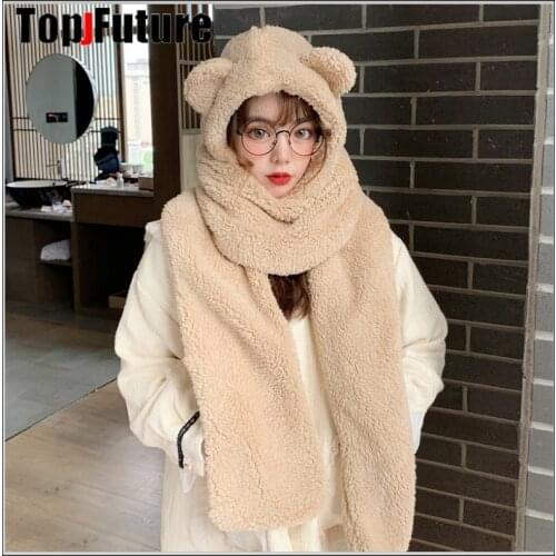 Harajuku New Cute bear ear scarf hijab hat gloves female one-piece cap winter warm plush shield streetwear dropshipping