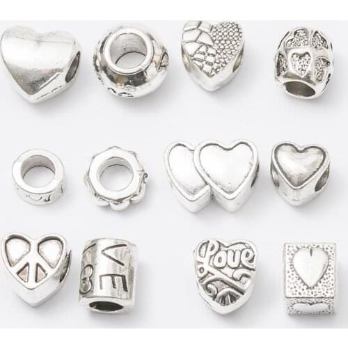 Mix 12Pcs/Lot heart Antique Silver Color DIY Zinc alloy Big Hole Spacer Bead Charm Fits Jewelry making Bracelet js1150