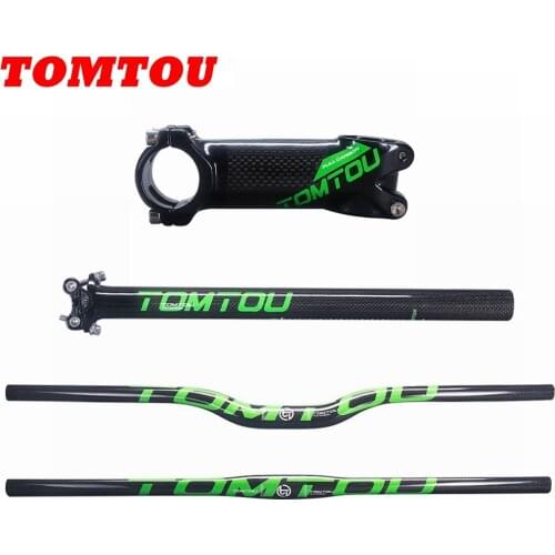 TOMTOU Green Glossy 3K Carbon Fibre Cycling Mountain Bike Flat / Rise Handlebar Seatpost Stem Bicycle MTB Parts Sets - TS09T86