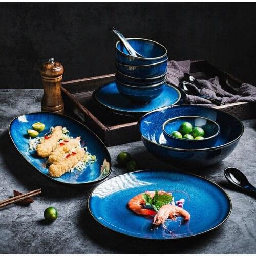 Japanese-style personality creative blue ceramic tableware American retro household dishes set rice bowl dishes restaurant plate