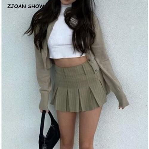 2021 Women High Waist Striped Print Mini Pleated Skirt Vintage Package Hips Short Skirts Side Zipper