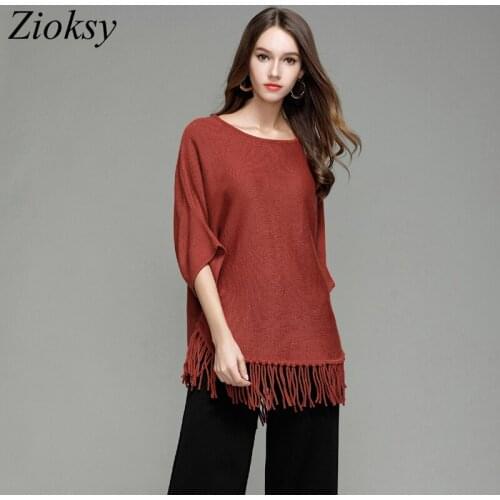 Zioksy Large Size 2017 Spring Autumn Batwing Sleeves Sweater Shirt Loose Pullovers Knitted Tassel Female Sweater Tops