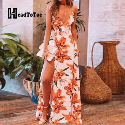 Floral Print Sexy Backless Spaghetti Strap V Neck Slit Maxi Dress Women Sleeveless Summer Dress