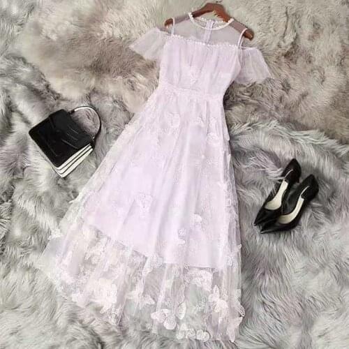 2021 Designer Fashion Summer Dress Women Butterfly Embroidery Bare shoulders Mesh Elegant Dresses